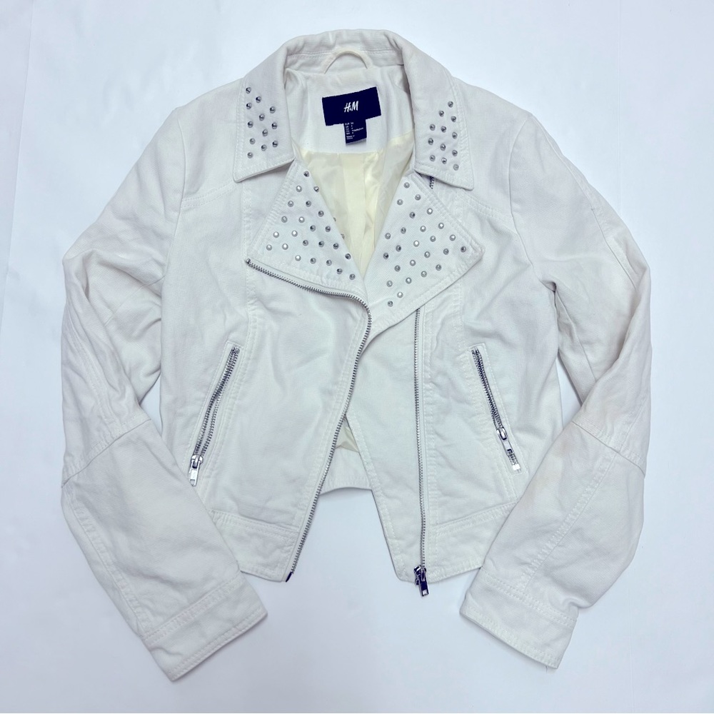 H&M Women’s 4 White 100% Cotton Studded Asymmetric Moto Biker Jean Denim Jacket
